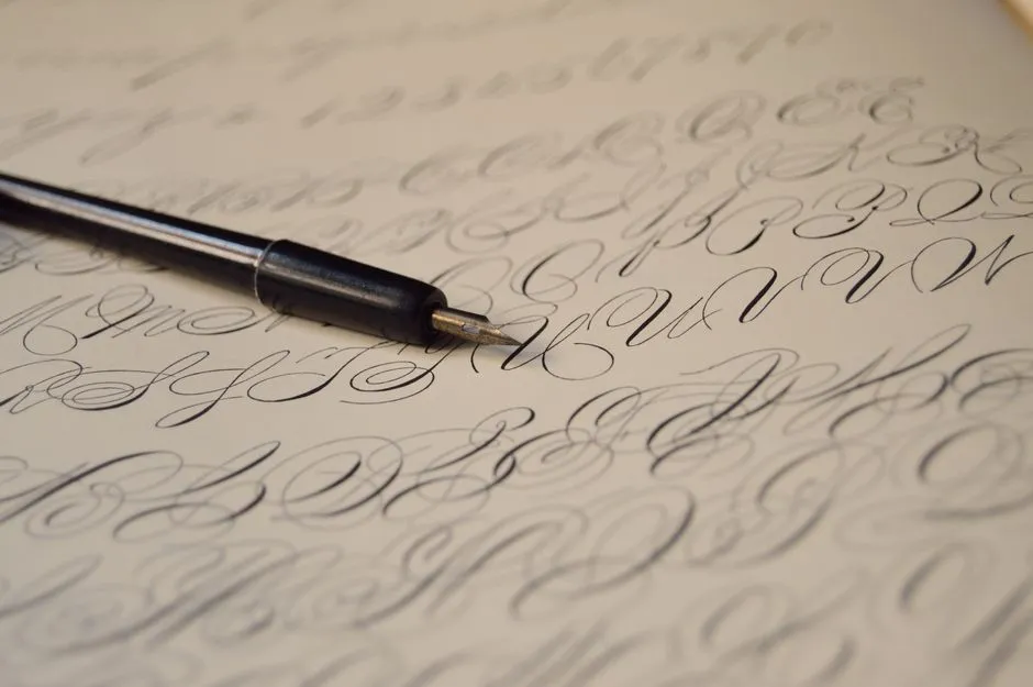Close-up of elegant calligraphy pen writing, illustrating decorative certificate lettering