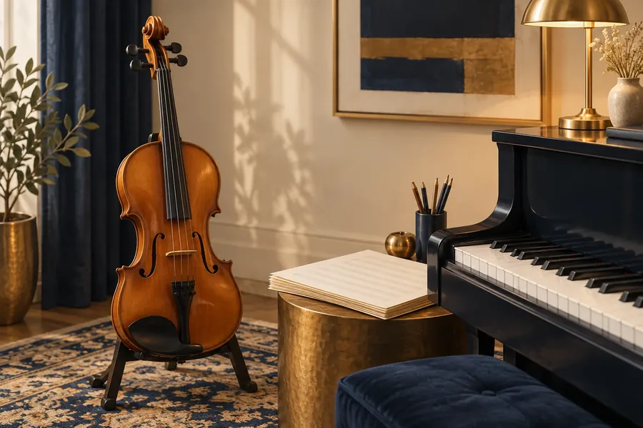 Illustration of musical notes and instruments in a classroom music corner