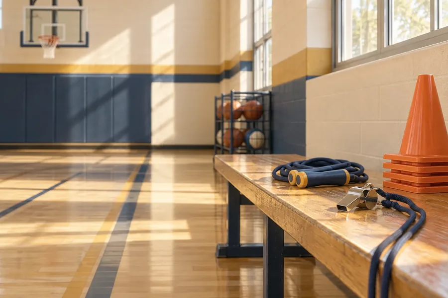 Illustration of sports equipment and a gymnasium scene for physical education
