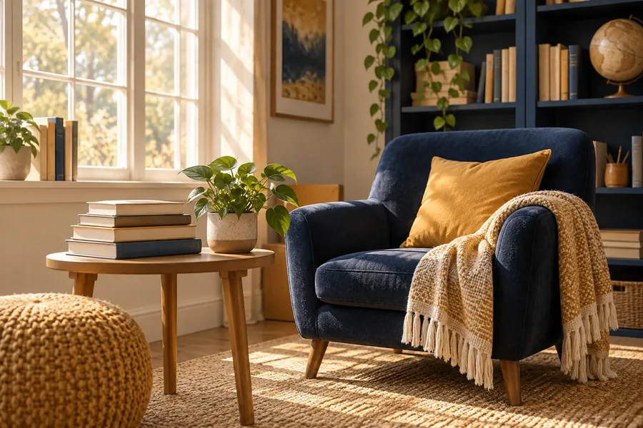 Illustration of open storybooks and a cozy reading-nook scene in warm colors
