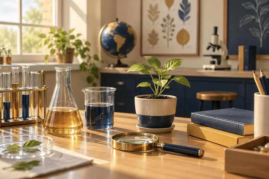 Illustration of lab beakers, a magnifying glass, and science-classroom elements