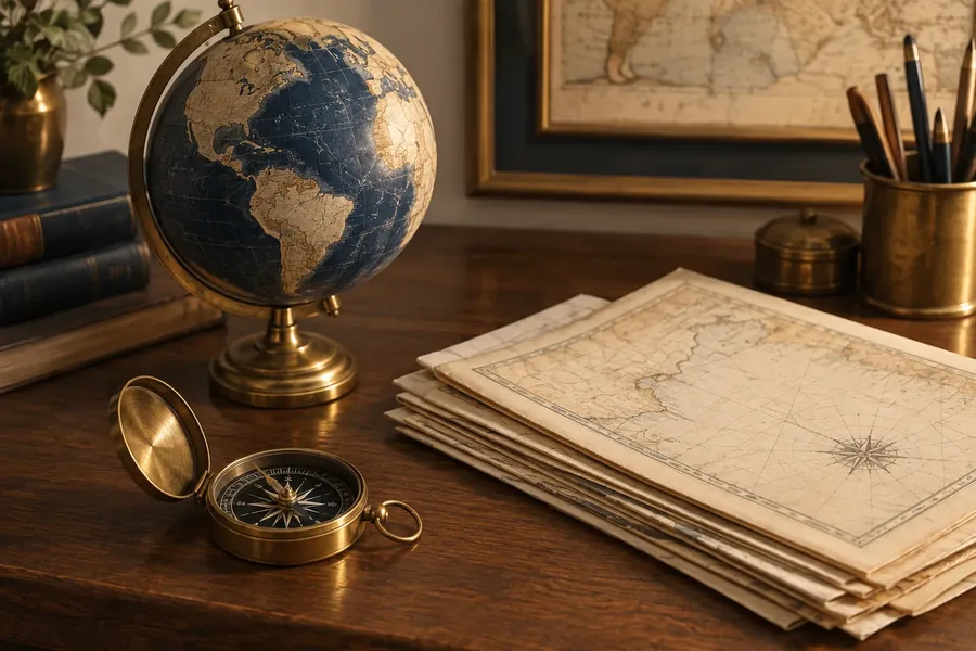Illustration of a globe, a map, and landmark icons for social studies