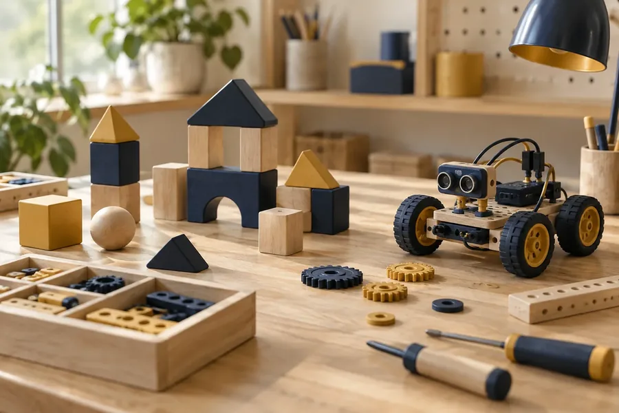 Illustration of gears, circuits, and building blocks for STEM projects