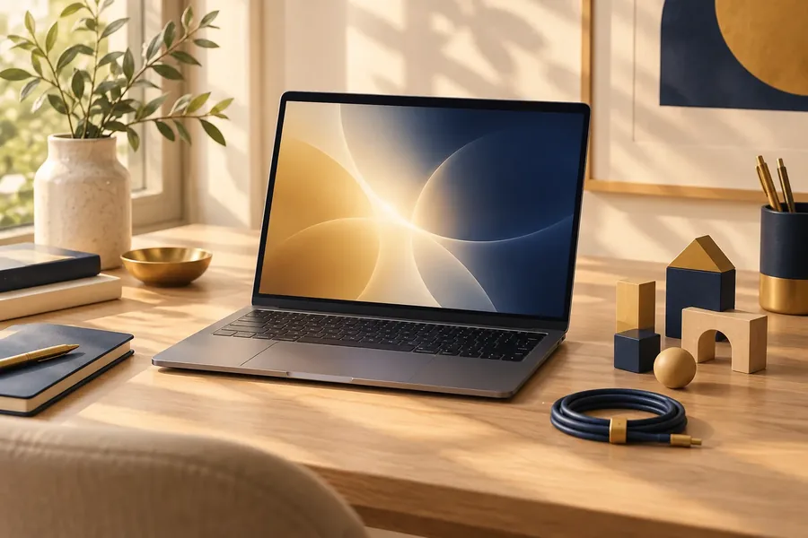 Illustration of a laptop, circuit patterns, and coding symbols for a technology class