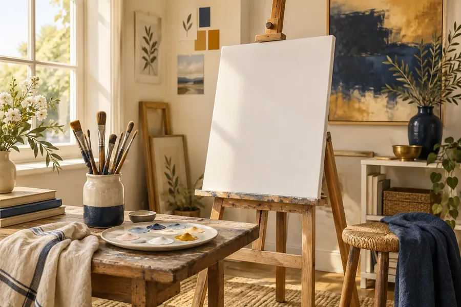 Illustration of paintbrushes, a palette, and art supplies on a creative desk