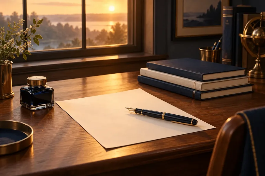 Illustration of pencils, a notebook, and handwritten pages on a writing desk
